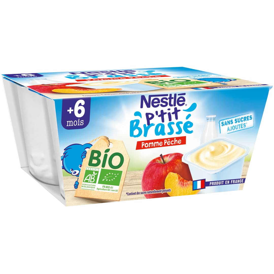 NESTLE P'TIT BRASSE BIO Pomme Pêche 4 x 90g - Dès 6 mois — photo du produit